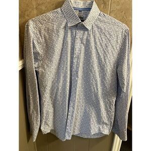 Visconti Blue And‎ White Geometric Pattern Men's Long Sleeve Shirt Size Large